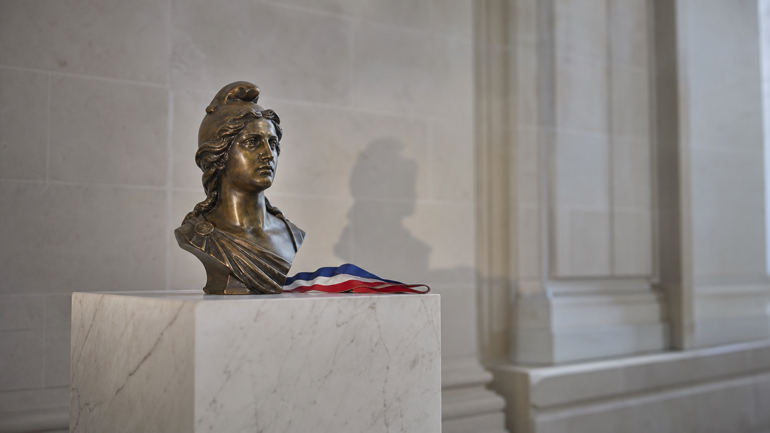 hero-649 Buste classique en bronze sur piédestal de marbre dans une salle de musée minimaliste, à côté d'un ruban tricolore français plié — illustration de la question de la souveraineté de l'IA française.