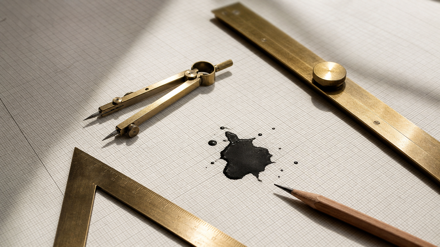 hero-650 Outils d'architecte (T-square en laiton, compas, équerre, crayon) parfaitement alignés sur du papier millimétré, avec une éclaboussure d'encre noire à côté — illustration de la précision structurelle versus la créativité chaotique.