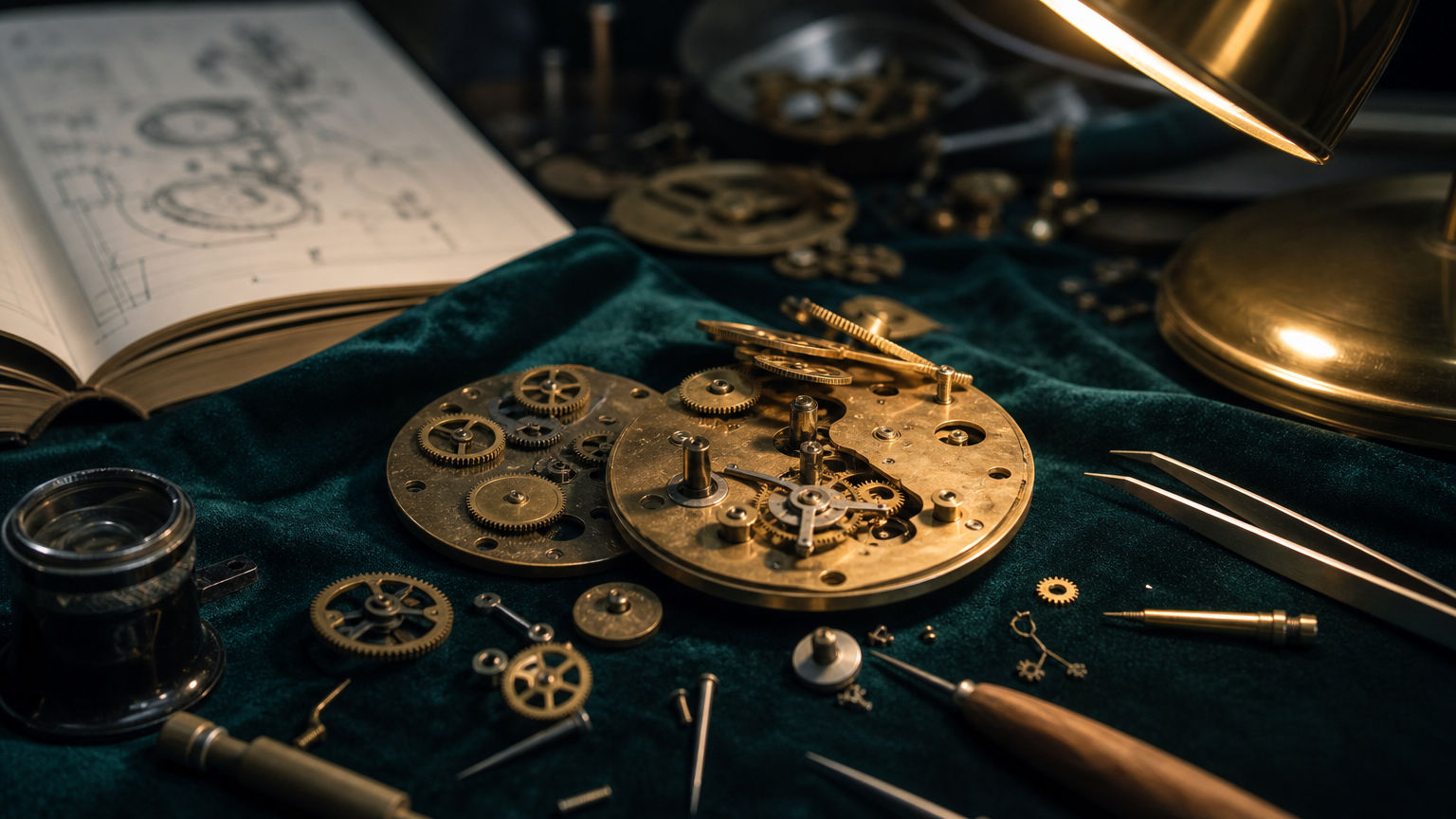 Mécanisme de montre à gousset démonté avec engrenages partiellement assemblés sur velours sombre, illustration des agents IA autonomes pas encore prêts pour la production.