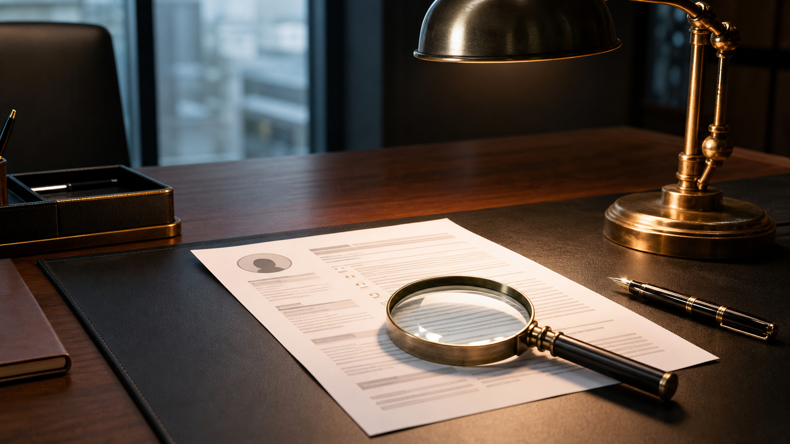 Loupe posée sur un CV imprimé éclairé par une lampe en laiton, sur un bureau cuir — illustration du recrutement d'un Head of AI.