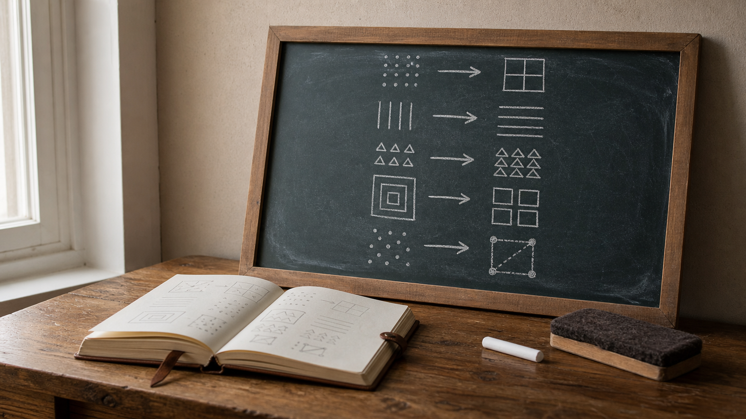 Tableau ardoise avec diagrammes mathématiques tracés à la craie, livre relié ouvert et craie sur bureau en chêne — illustration de l'apprentissage par l'exemple en prompt engineering.