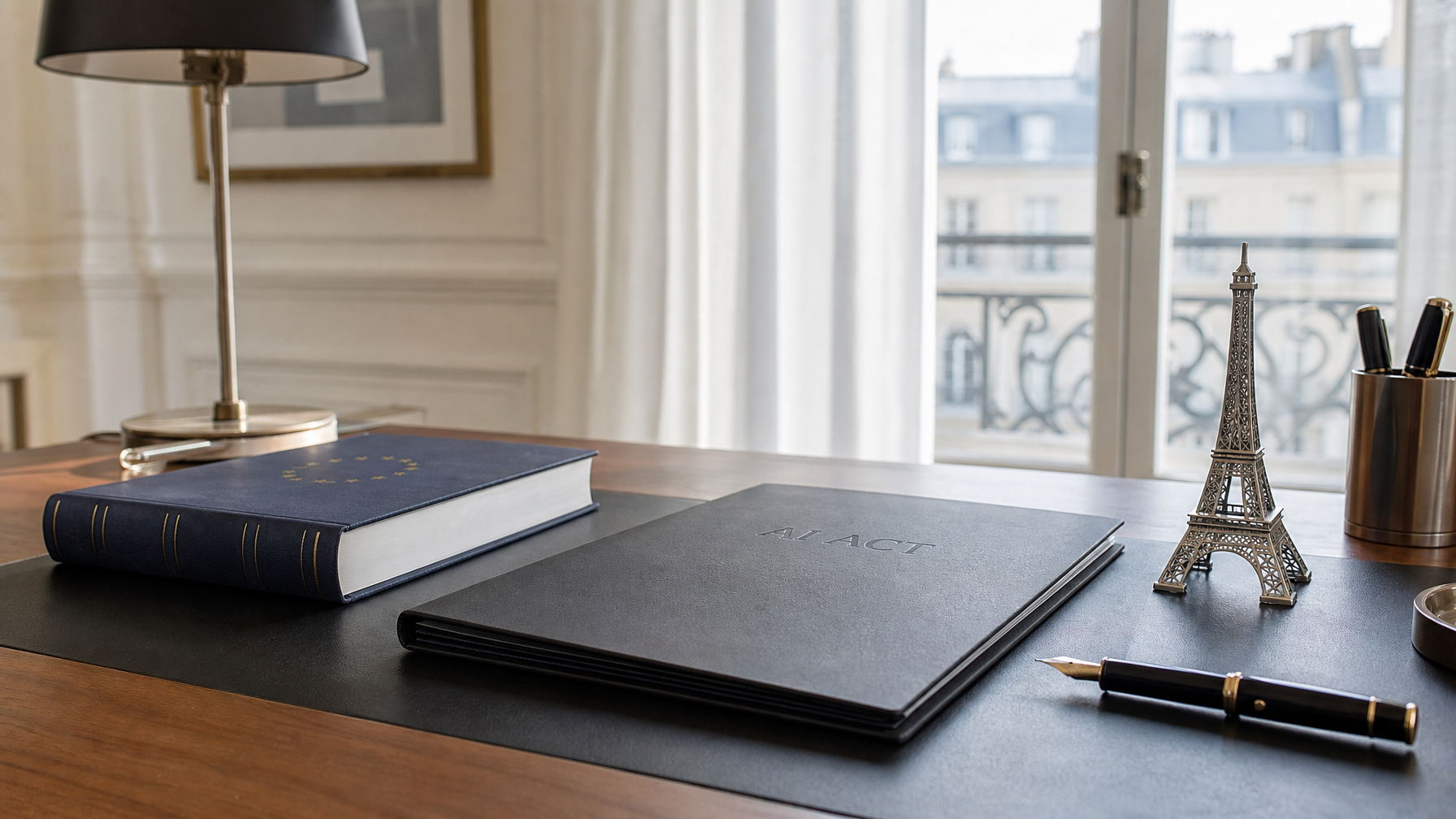 hero-657 Folder cuir gravé AI ACT, statue de Thémis et drapeau européen sur un bureau parisien — illustration de la réglementation européenne sur l'IA appliquée aux PME.
