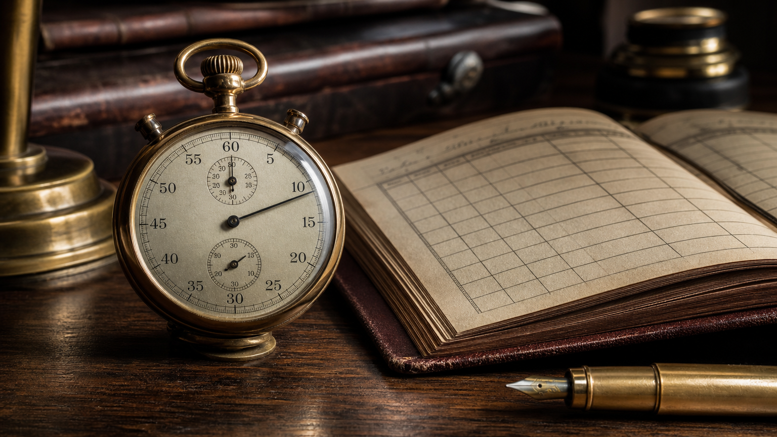 hero-2026-annee-productivite-ia-mesurable Chronomètre en laiton ancien et registre cuir ouvert sur une page de suivi de temps avec stylo plume — métaphore de la productivité IA enfin mesurable.