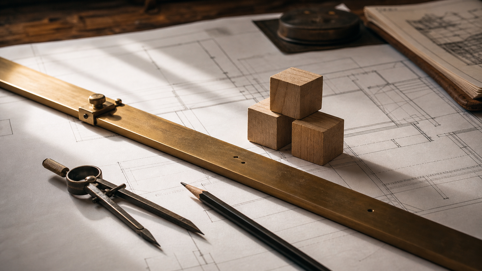 hero-agents-sdk-claude-ce-qui-change-pour-developpeurs-entreprise Table de dessin d'architecte avec règle T en laiton sur plan blanc, trois blocs de bois en pyramide étagée et un compas — métaphore du framework qui structure la construction d'agents IA.