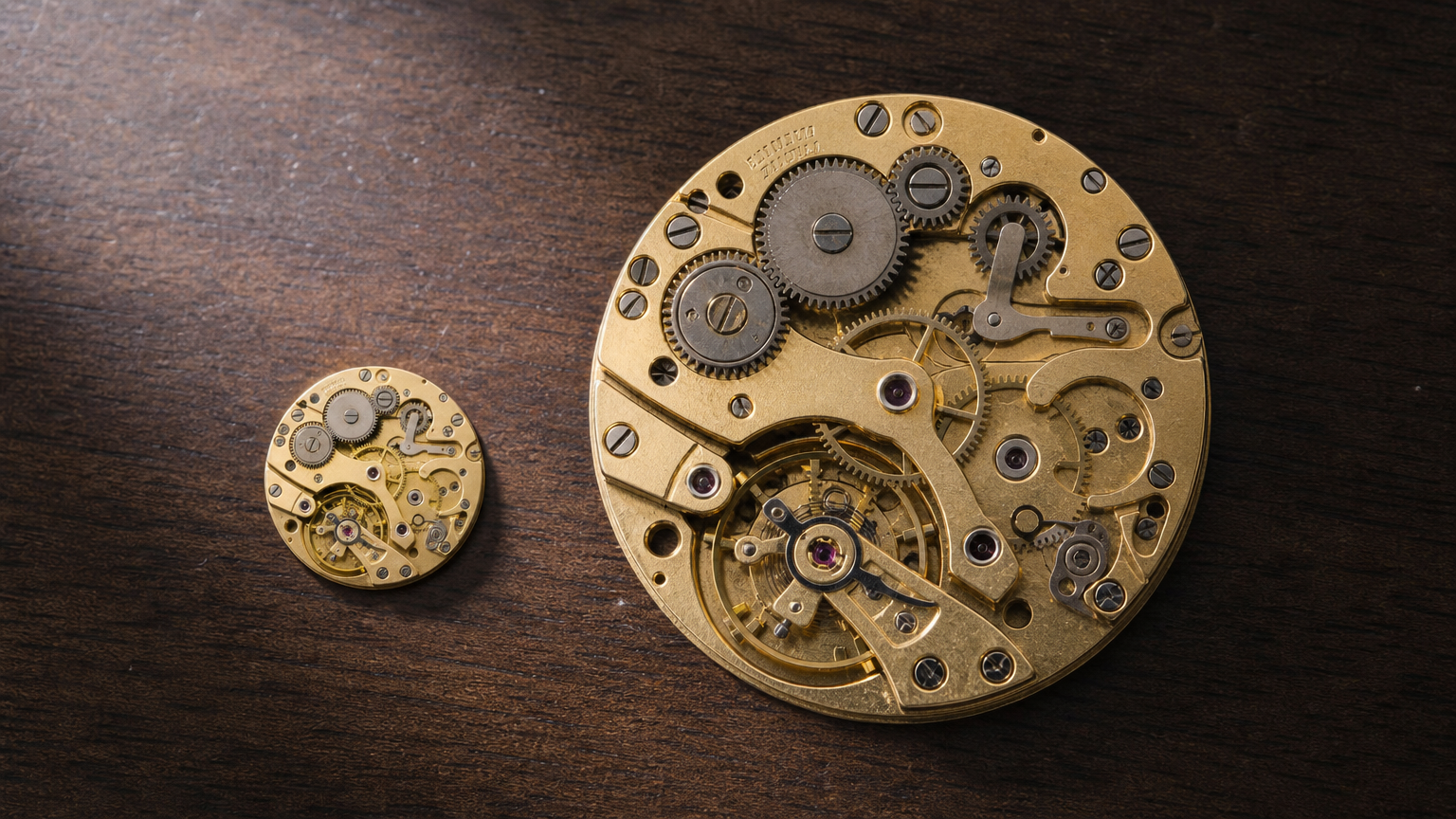 hero-claude-haiku-4-5-la-revolution-silencieuse-du-modele-economique Un petit mouvement de montre en laiton et un mécanisme d'horlogerie plus grand mais visuellement identique côte à côte sur un bureau en noyer — métaphore du modèle économique qui rivalise avec le modèle premium.