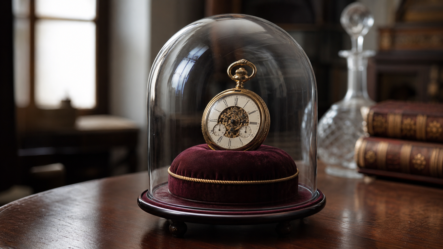 hero-claude-opus-4-6-pourquoi-le-retour-au-modele-premium-change-tout Montre à gousset ancienne dorée sur coussin de velours sous cloche de verre dans une présentation muséale — métaphore du modèle IA premium qui retrouve sa place.