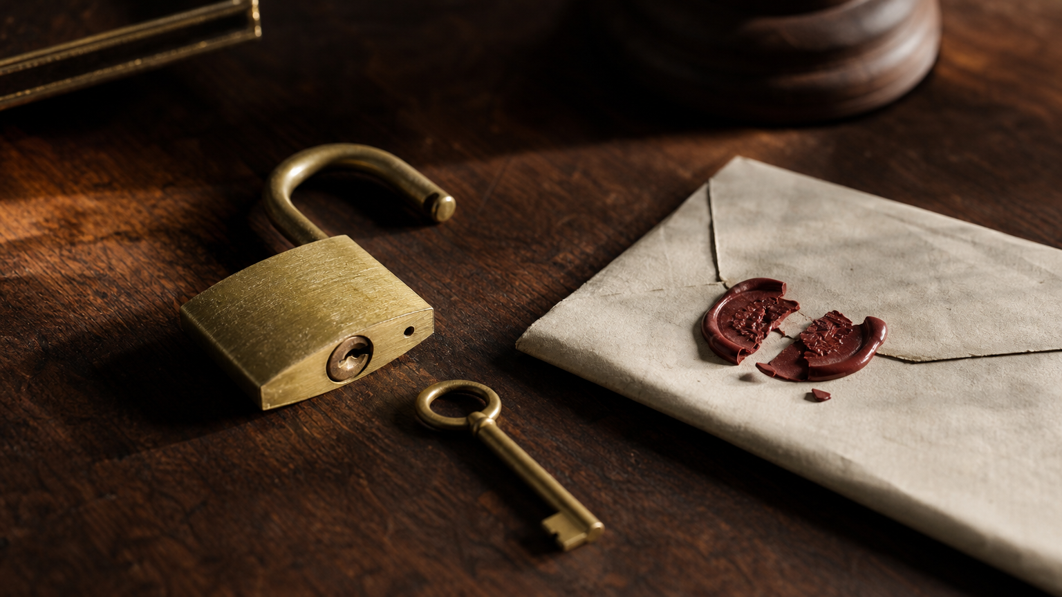 Cadenas en laiton à demi ouvert, clé passe-partout en laiton et enveloppe ancienne à sceau de cire rouge cassé sur bureau en noyer — métaphore des failles de sécurité par prompt injection.