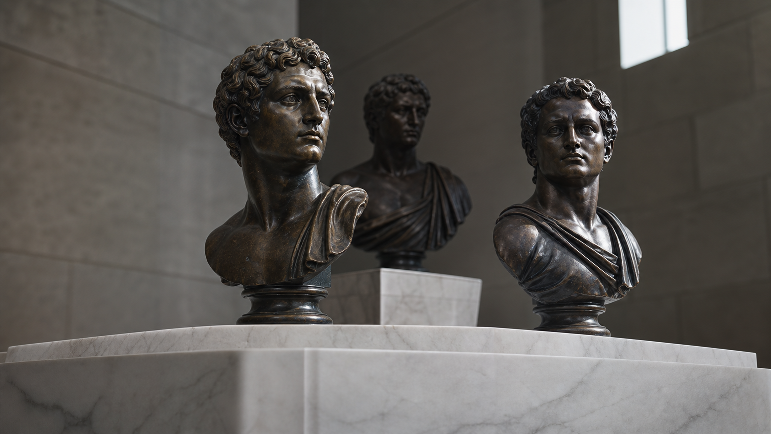 hero-gemini-3-pro-google-revient-dans-la-course-mais-a-quel-prix Trois bustes de bronze sur socle de marbre en formation triangulaire, deux nets et un émergent — métaphore du retour de Google dans la course aux LLM frontière.