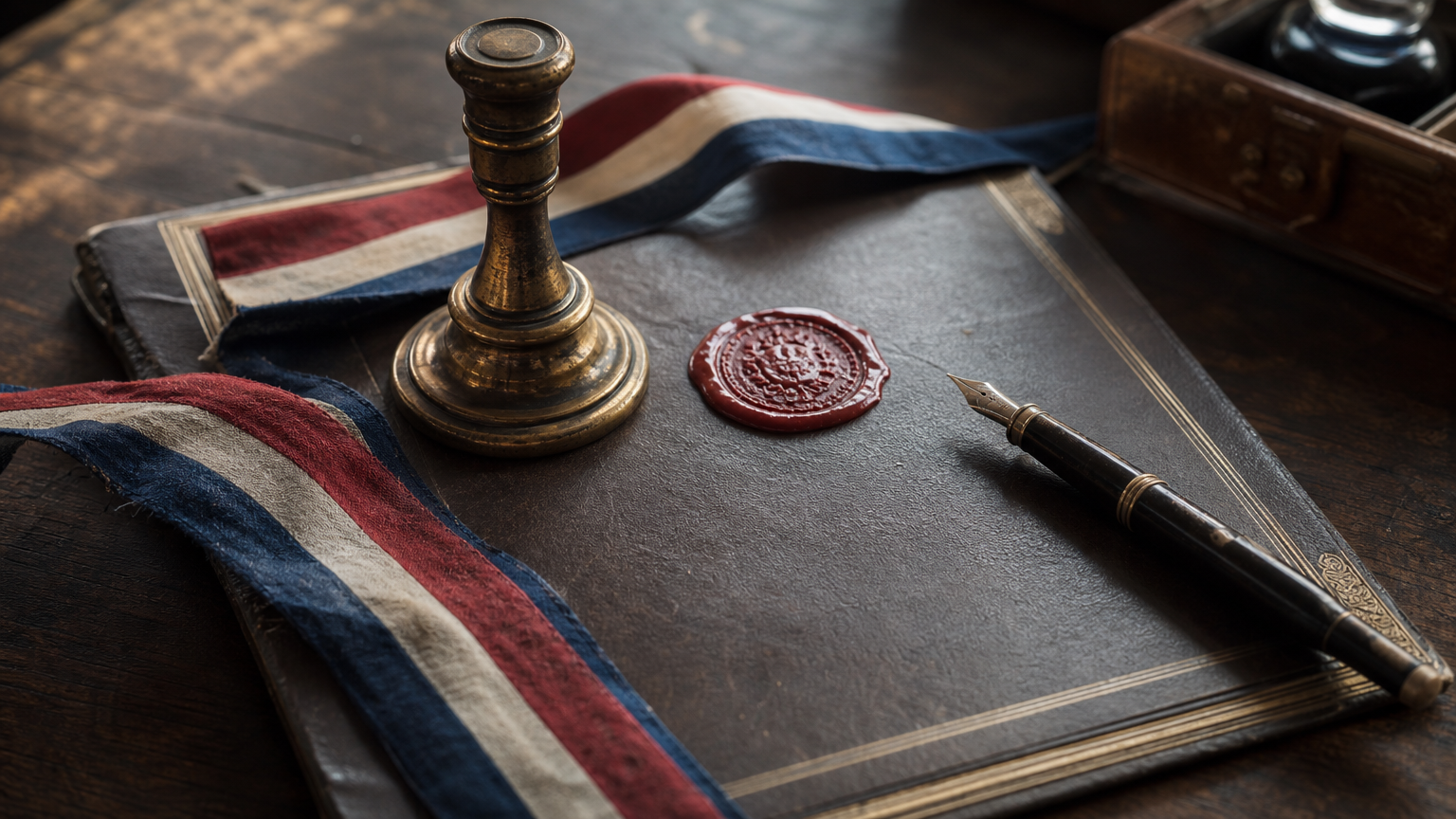 hero-ia-secteur-public-francais-ou-en-est-on-vraiment Sceau officiel en laiton sur document relié cuir avec marque de cire rouge, stylo plume ancien et ruban tricolore — métaphore de l'IA dans le secteur public français.