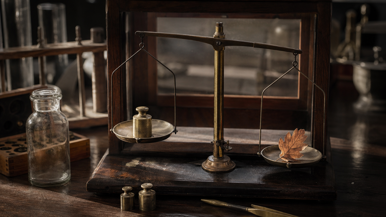 Balance de laboratoire en laiton avec un poids de calibration d'un côté et une feuille séchée de l'autre, légèrement déséquilibrée — métaphore de la différence entre benchmarks publics et tests internes pertinents.