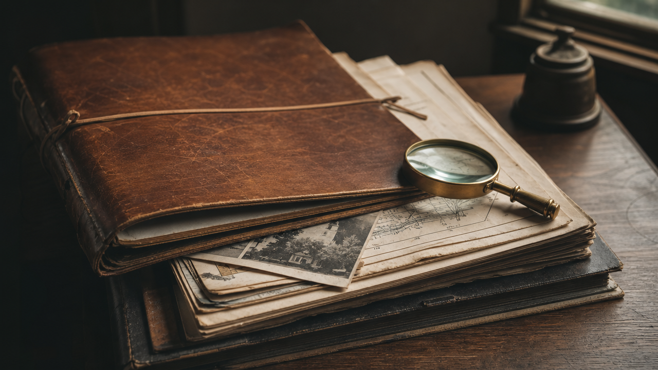 Pile de documents reliés cuir partiellement ouverts montrant schémas et photos avec loupe en laiton — métaphore du traitement multimodal de documents complexes.