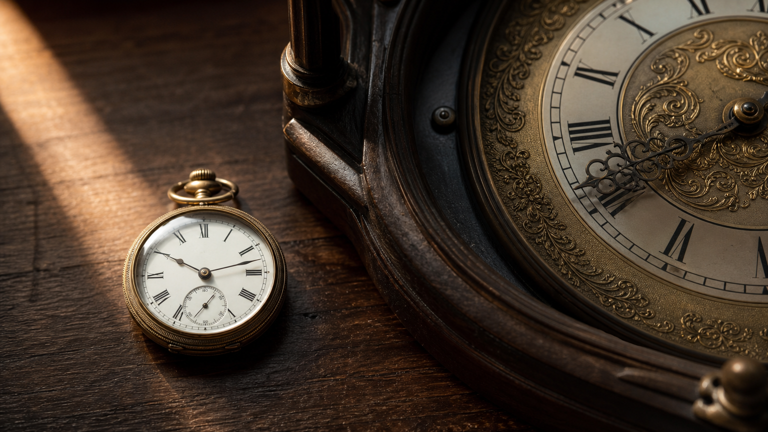 Petite montre de poche précise à côté d'un grand mécanisme d'horloge sur bureau en noyer, la petite mise en valeur — métaphore des SLM qui rattrapent les grands modèles.