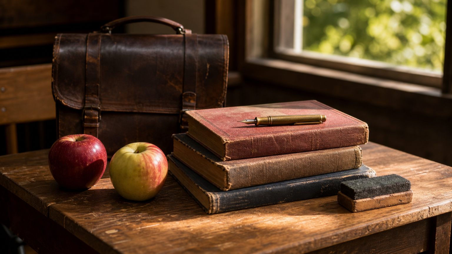 Bureau d'écolier en bois avec cartable cuir usé, livres anciens, stylo plume en laiton et brosse à craie — métaphore du tournant éducatif face à l'IA.